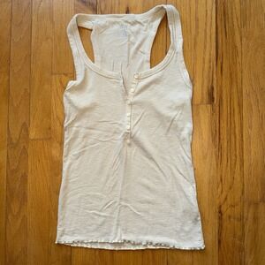 Aerie Y2K Tank Top S Beige Ribbed Henley Racerback Lettuce Trim Hem Basic Casual